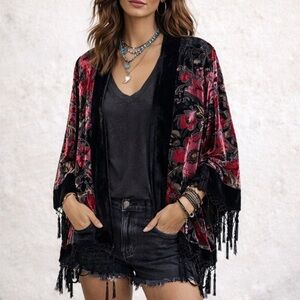 MSK Black Pink Floral Velvet Burnout Beaded Fringe Kimono Jacket Topper 1X